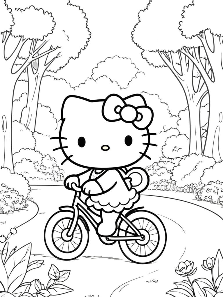 Hello Kitty Riding Bicycle In The Park Coloring Pages