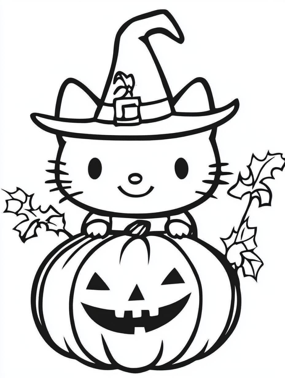 Hello Kitty Wearing Hat Halloween Coloring Pages