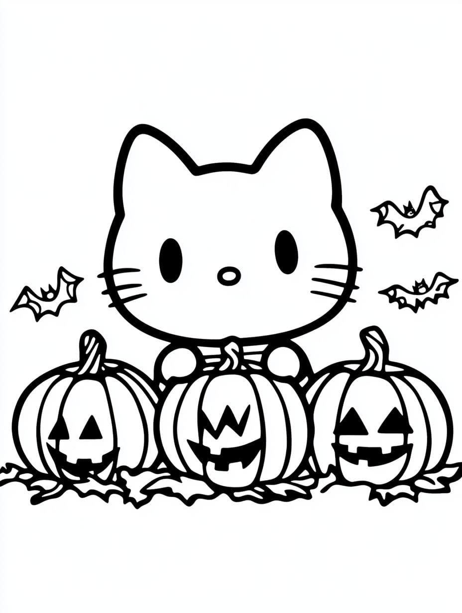 Hello Kitty With Three Bats Halloween Coloring Pages