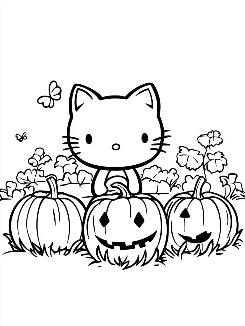 Hello Kitty With Three Pumpkins Haloween Coloring Pages