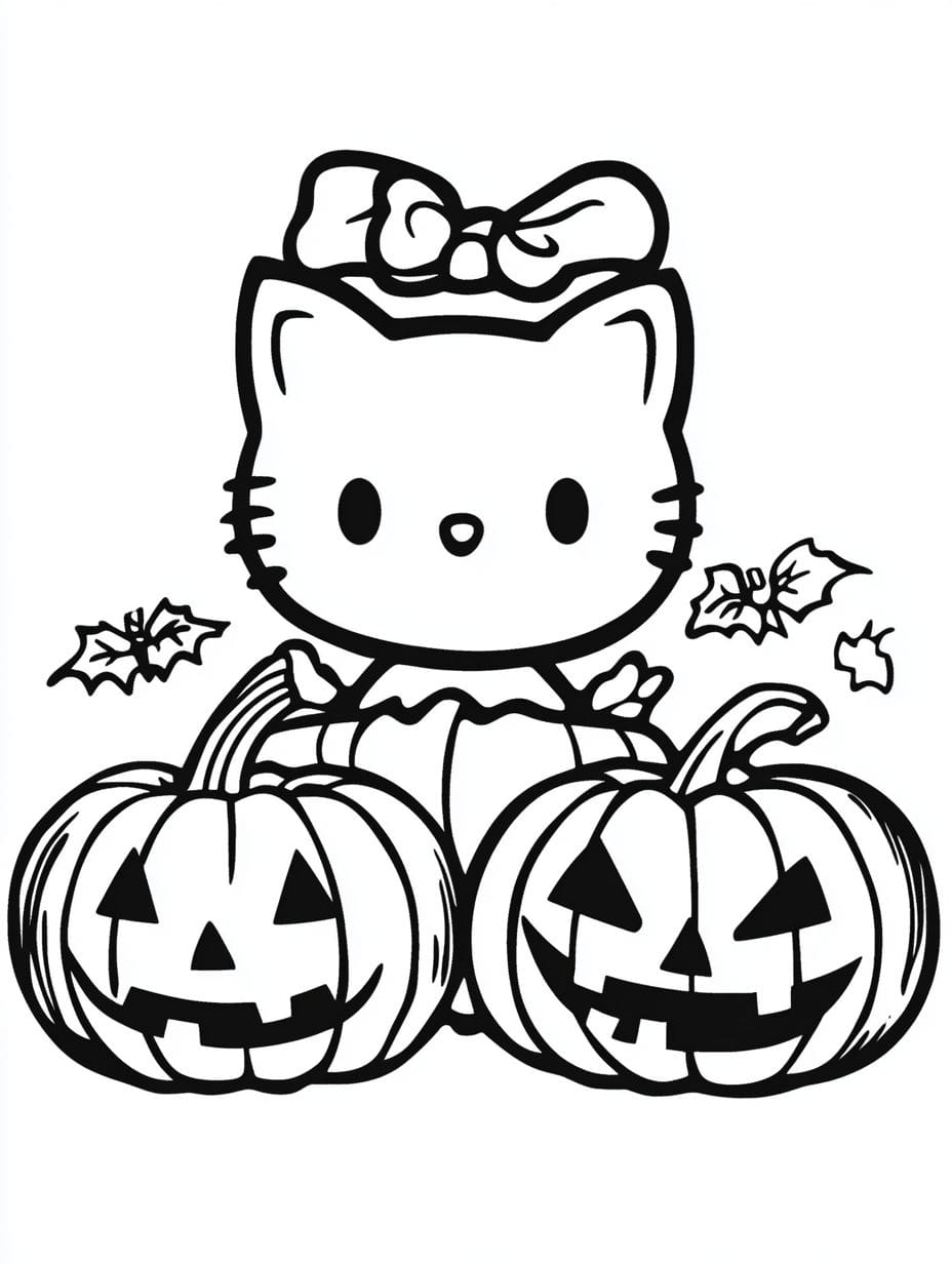 Hello Kitty With Two Pumpkins Halloween Coloring Pages