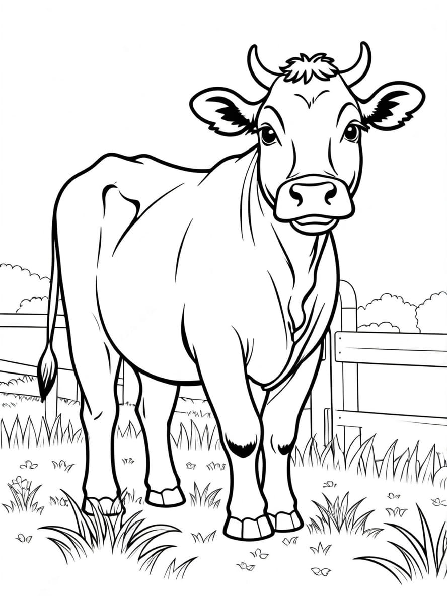 Holstein Cow Eating Grass On Farm Coloring Pages