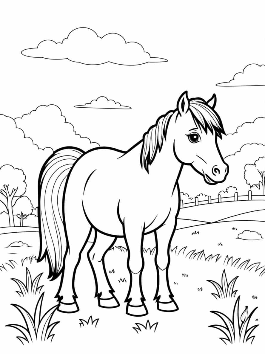 Horse Eating Grass In Pasture Coloring Pages