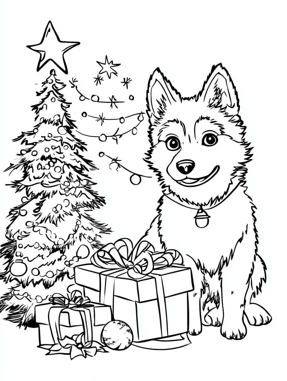 Husky And Christmas Pine Tree Coloring Pages