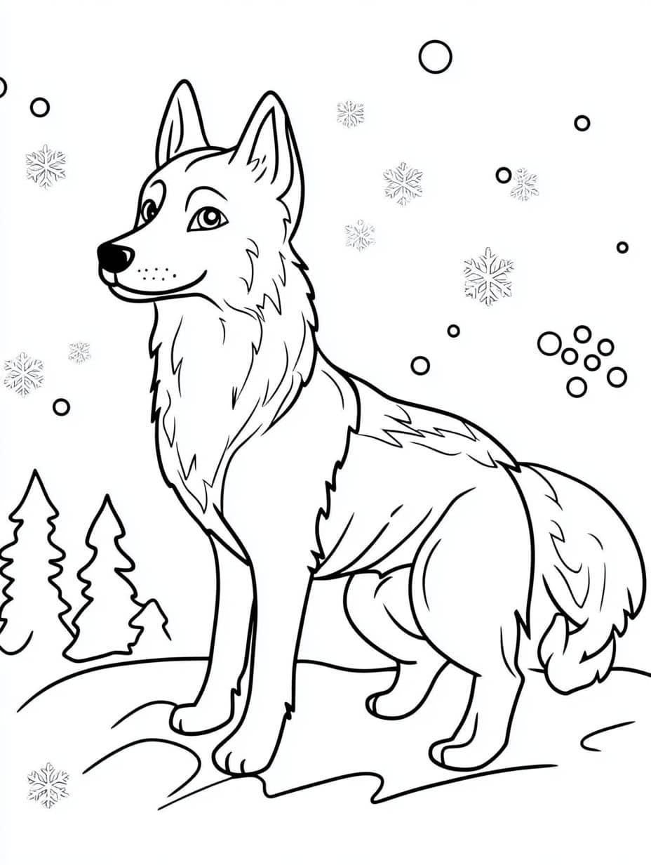 Husky And Snowflakes Coloring Page For Kids