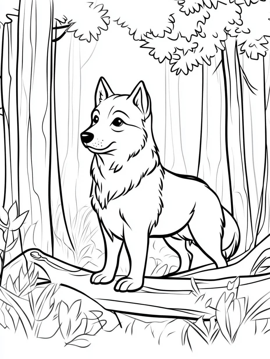 Husky In A Forest Coloring Page For Kids