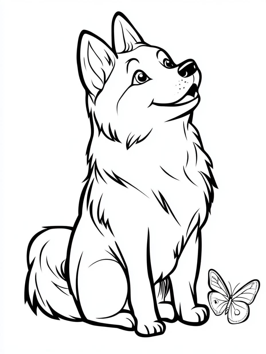 Husky Playing With Butterfly Coloring Pages