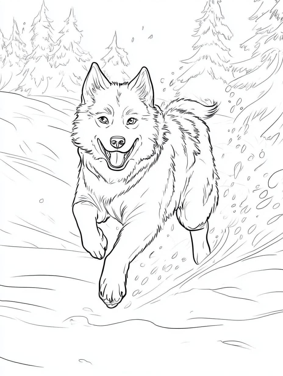 Husky Running In The Snow Coloring Pages