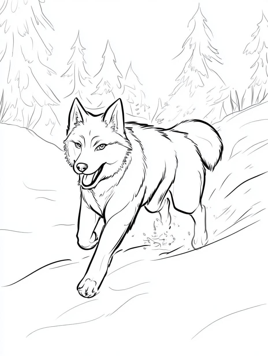 Husky Running In The Snow Coloring Sheets