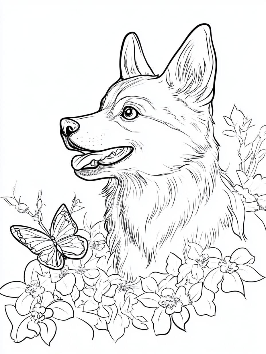 Husky With Butterfly Coloring Pages