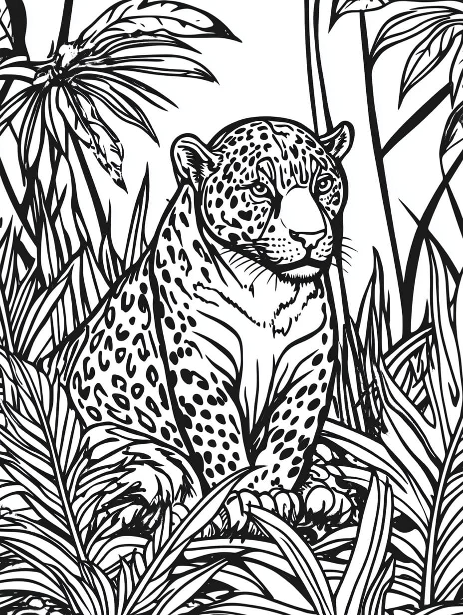 Jaguar Sitting In The Jungle Coloring Page