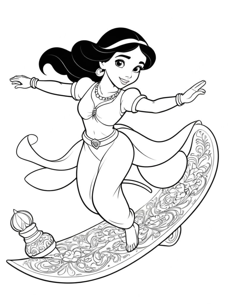 Jasmine Flying On A Magic Carpet With Aladdin Coloring Pages