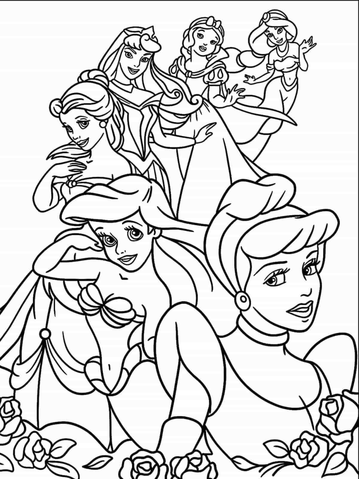 Jasmine Snow White Belle Aurora Ariel And Cinderella Coloring Page