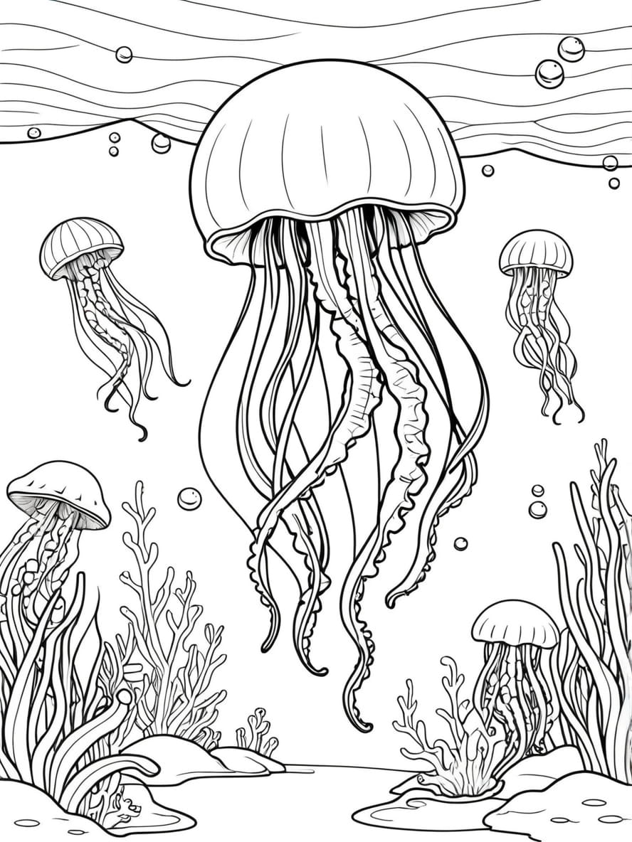 Jellyfish And Coral Reef Coloring Pages