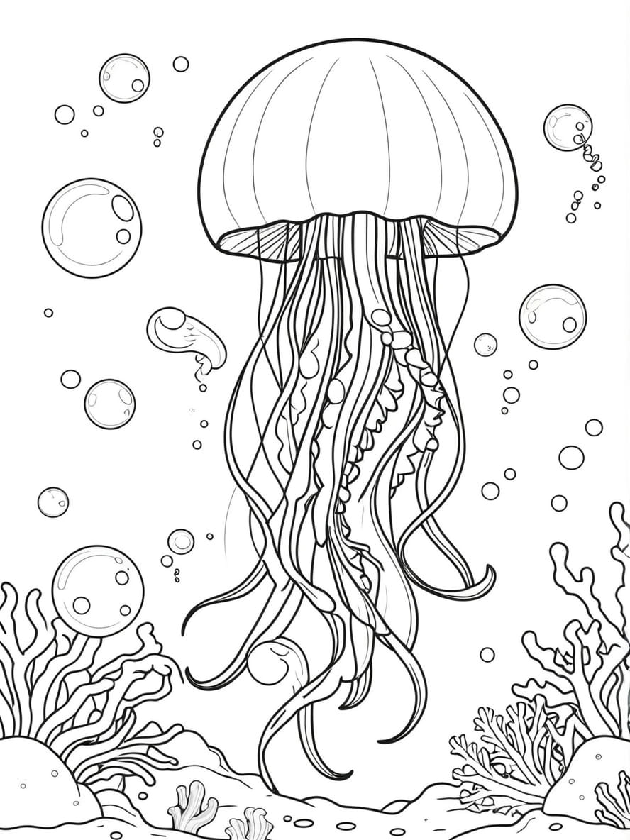 Jellyfish Surrounded By Bubbles And Sea Creature Coloring Pages