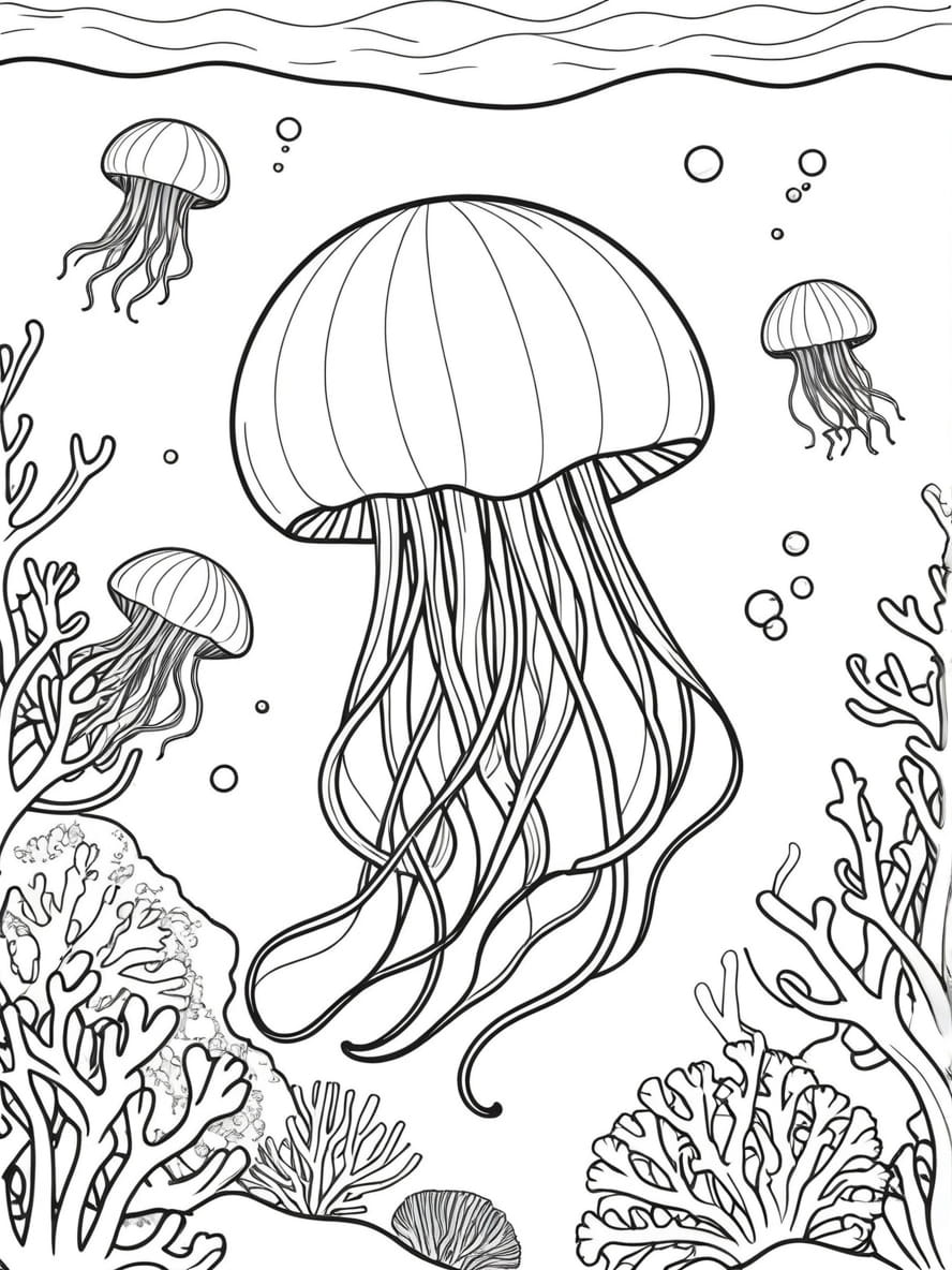 Jellyfish Swimming Among Coral Reefs Coloring Pages