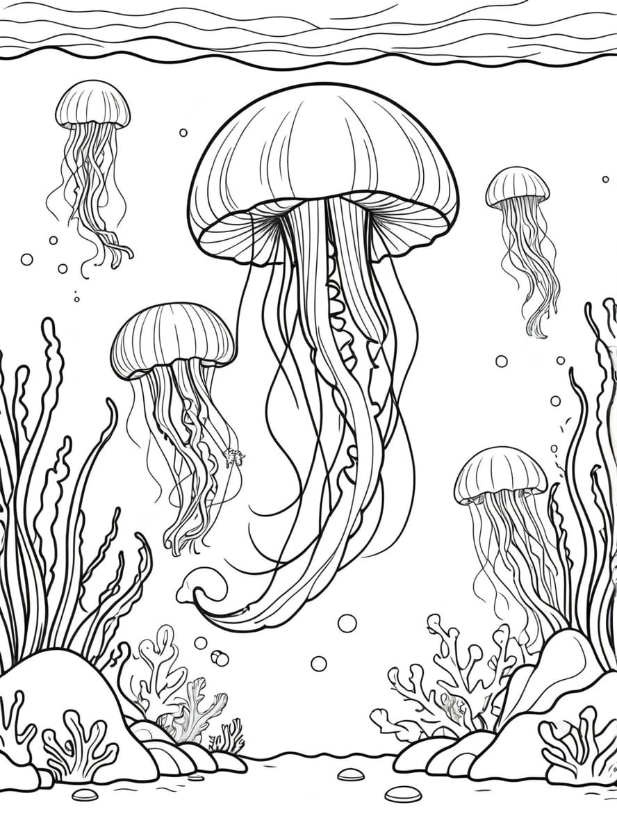 Jellyfish Swimming In A Peaceful Underwater Coloring Pages