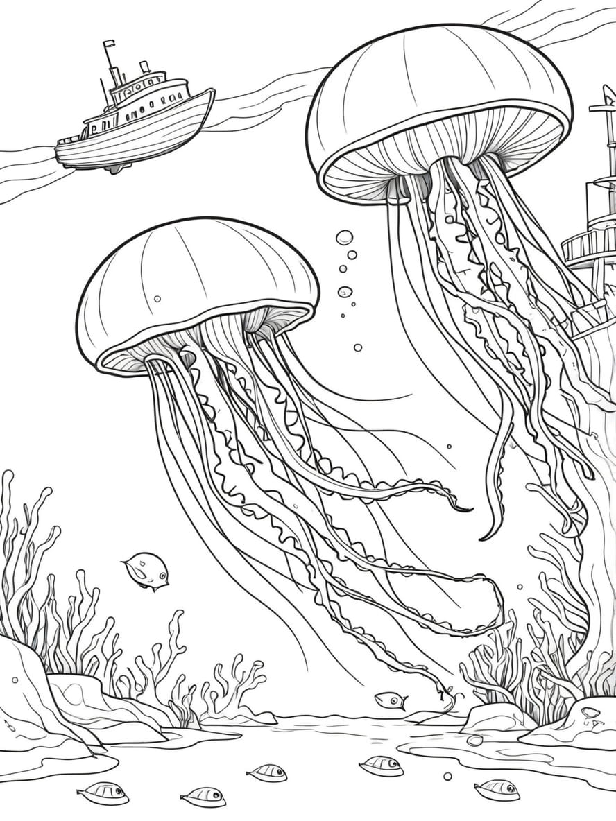 Jellyfish Swimming Near A Sunken Ship Coloring Pages