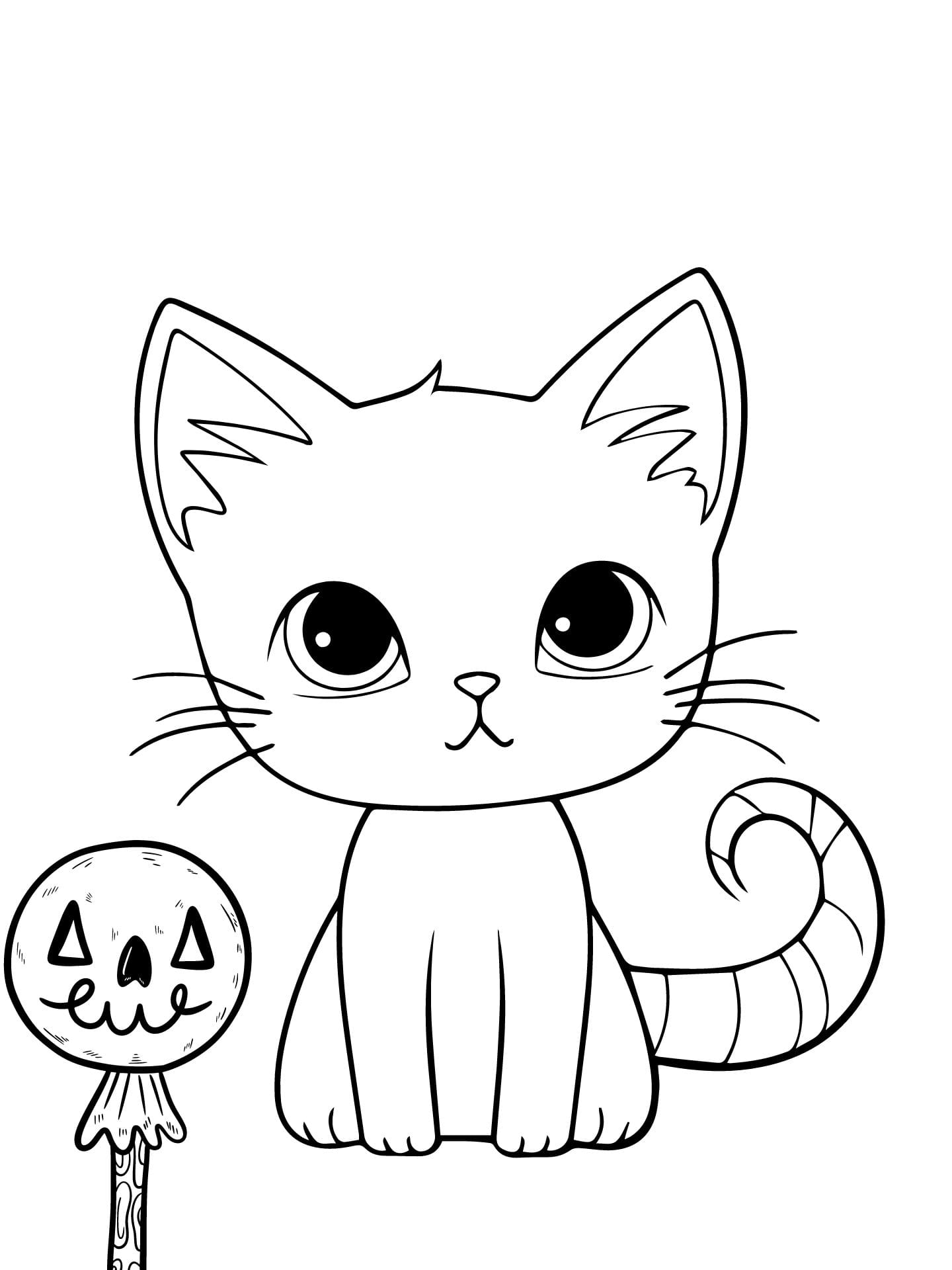 Kawaii Cat Happy Halloween Coloring Page