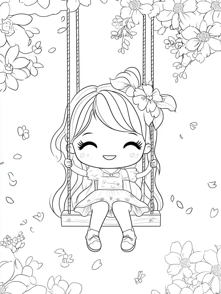 Kawaii Girl On Floral Swing In Spring Coloring Pages