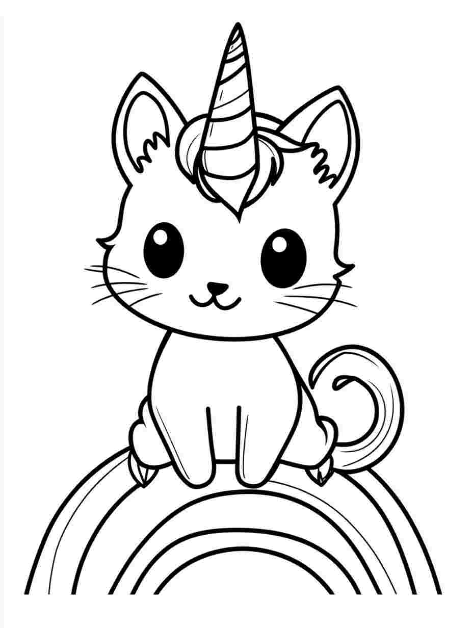 Kawaii Kitten Unicorn Sitting On Rainbow Coloring Pages