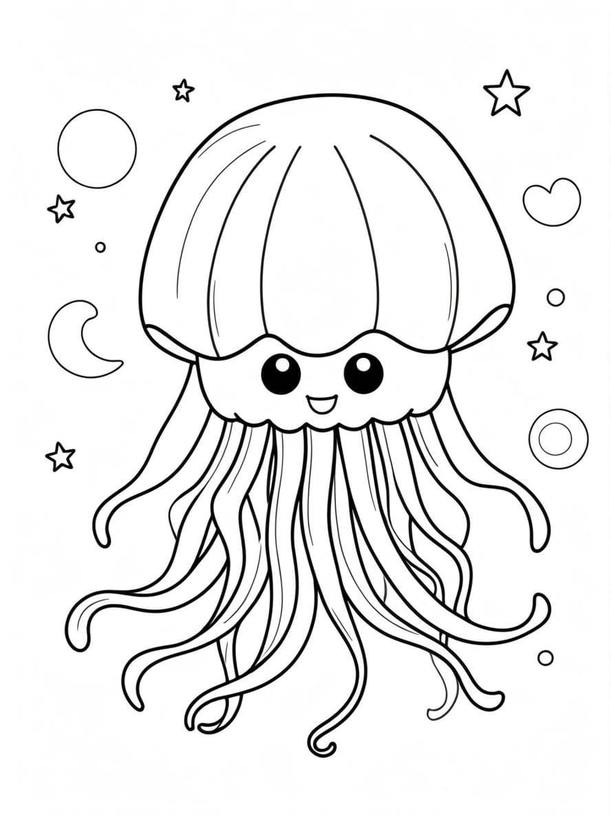 Kawaii Moon Jellyfish Coloring Sheet For Preschoolers