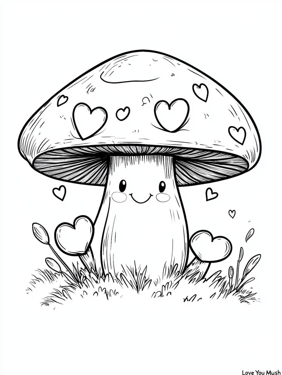 Kawaii Mushroom With Hearts Coloring Pages