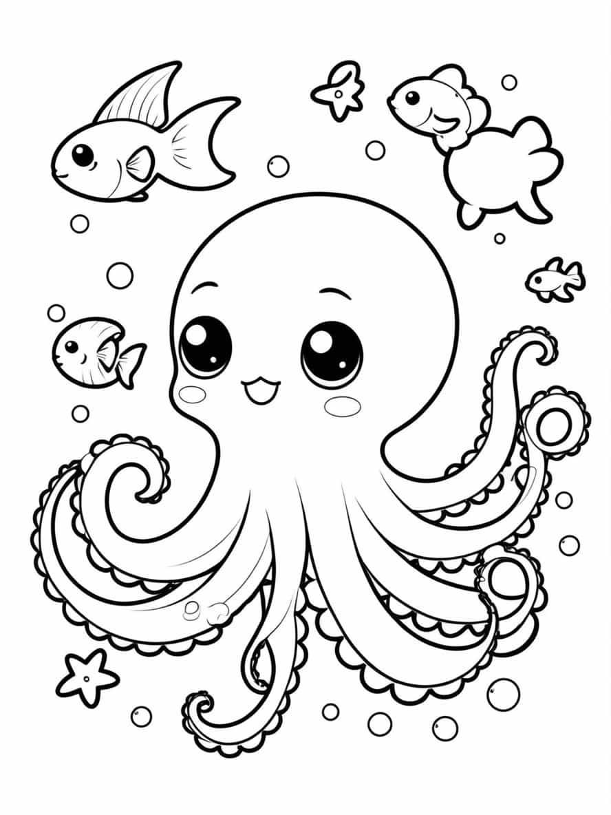 Kawaii Octopus Swimming Coloring Pages