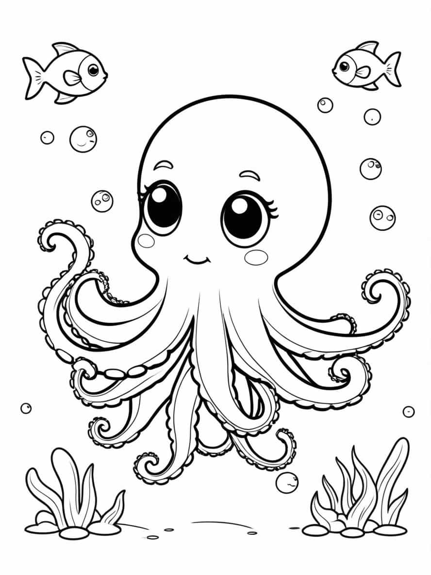 Kawaii Octopus Swimming With Fish Coloring Pages