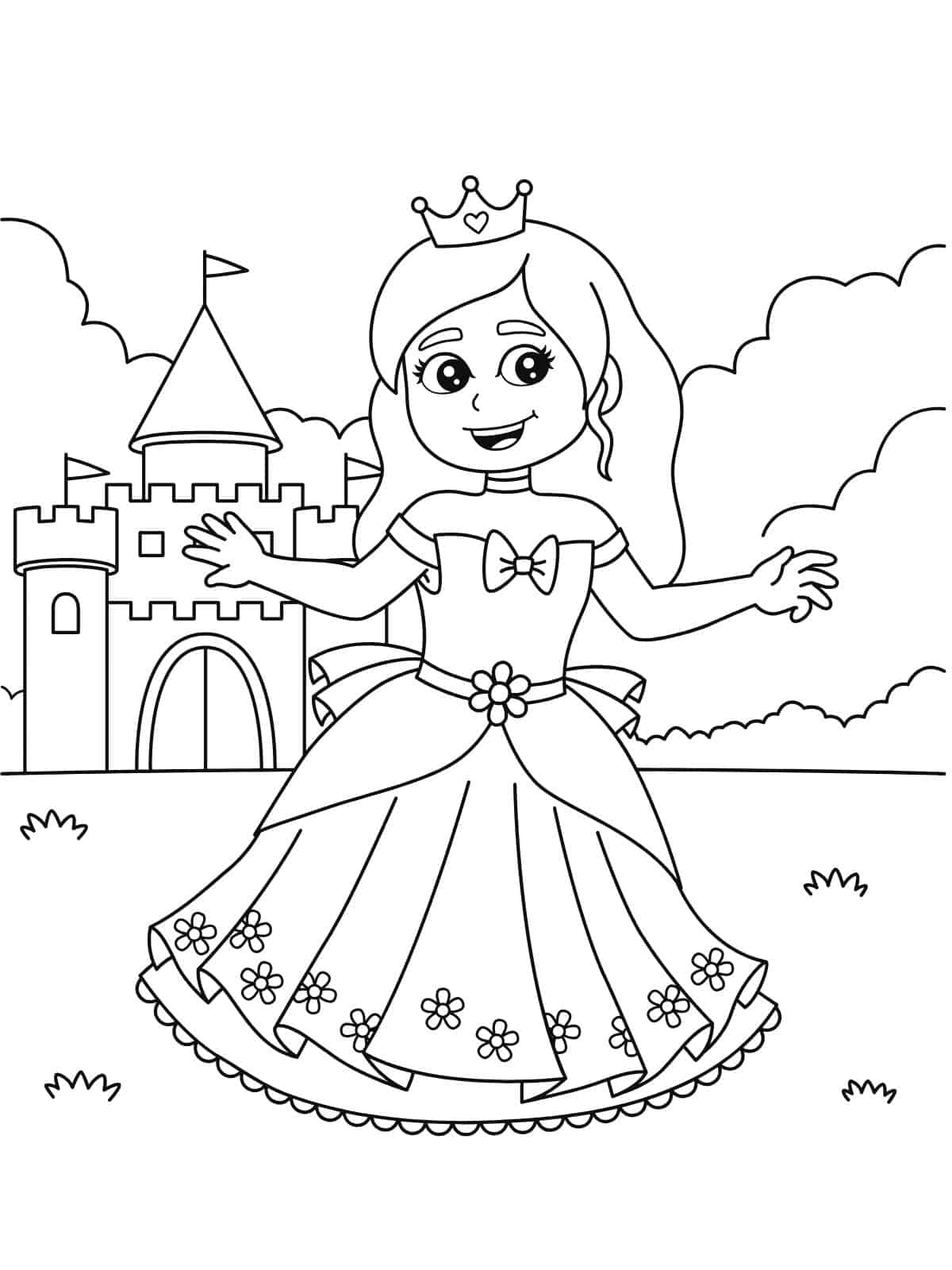 Kawaii Princess With Castle Coloring Page