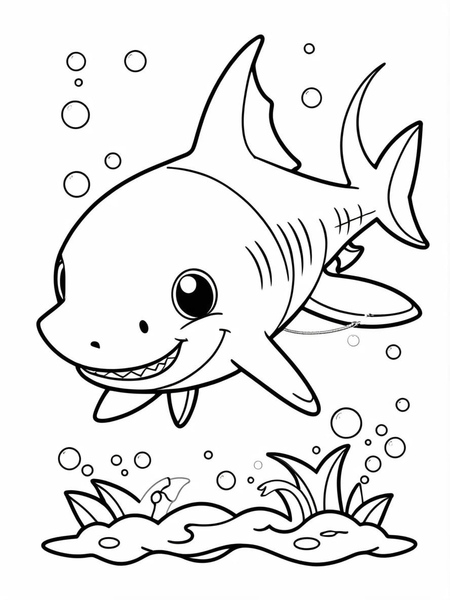 Kawaii Shark Coloring Sheet For Preschoolers