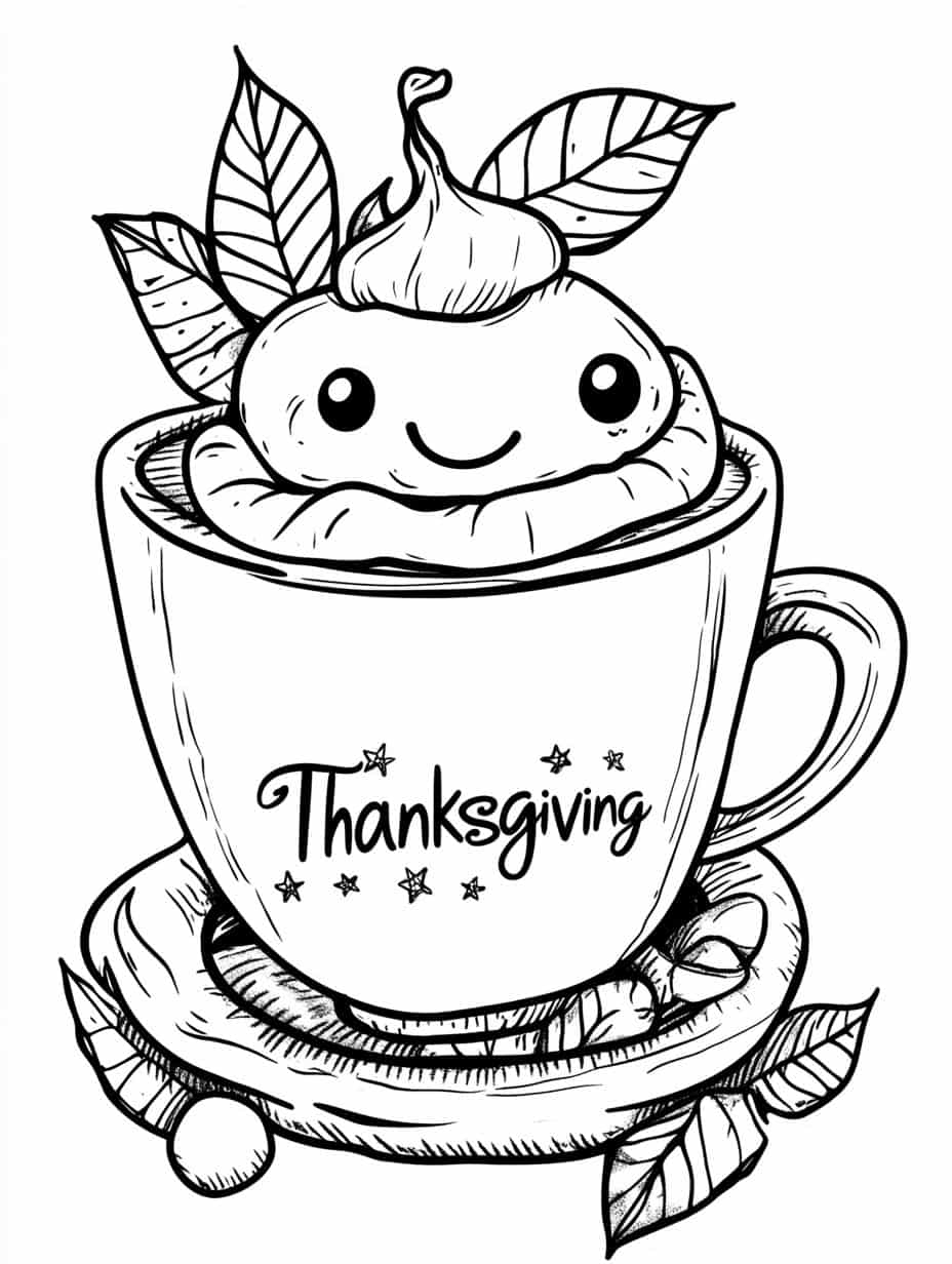 Kawaii Thanksgiving Hot Chocolate Coloring Pages