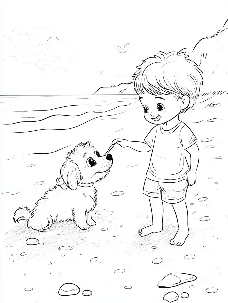 Kid Playing With Dog At The Beach Coloring Pages