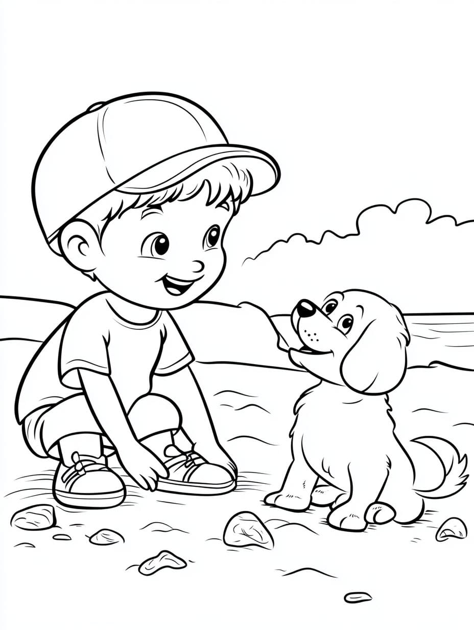 Kid Playing With Dog At The Beach Coloring Sheets