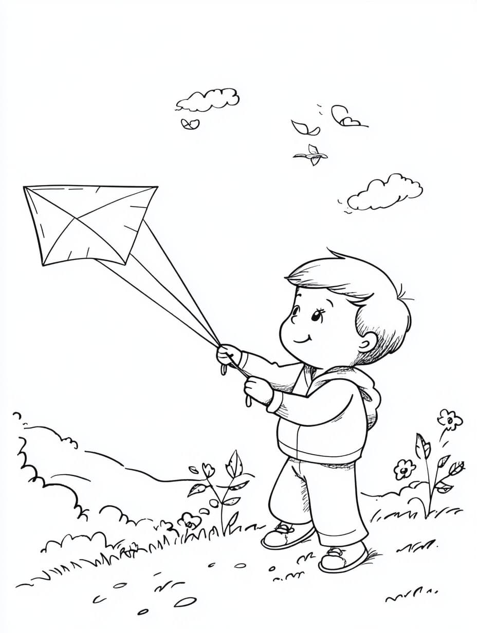 Kids Flying Kites In The Spring Breeze Coloring Pages