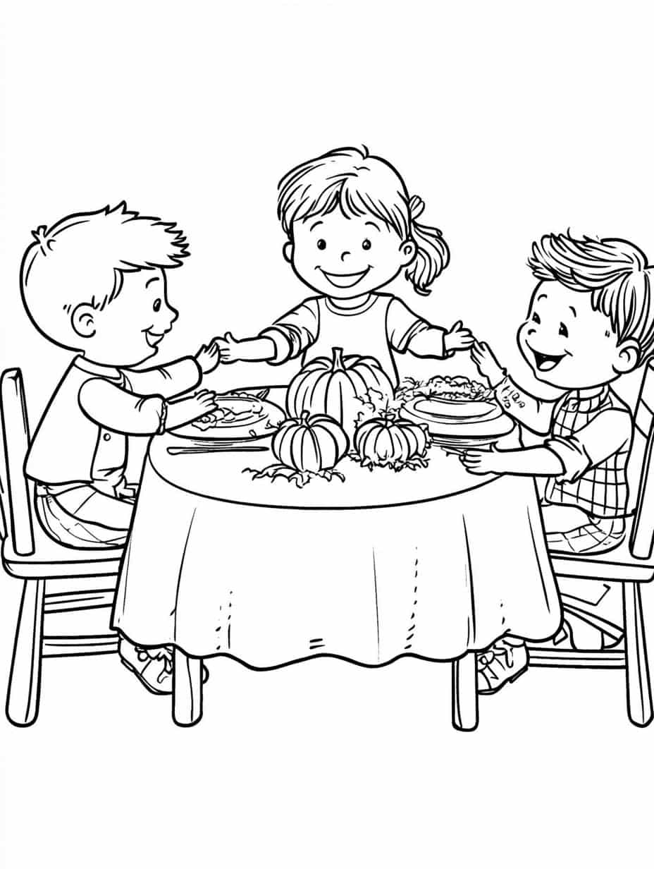 Kids Holding Hands Around A Thanksgiving Table Coloring Pages