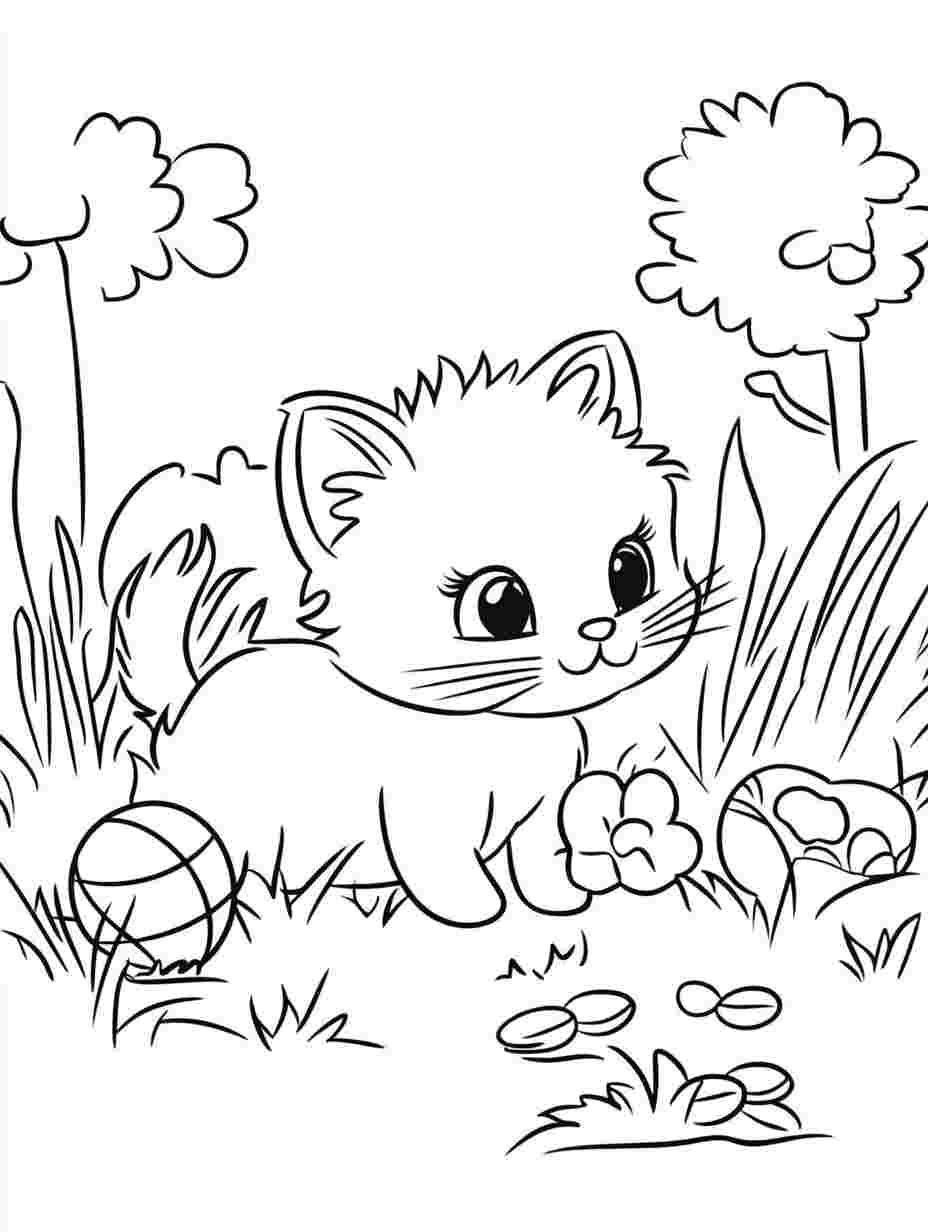 Kitten Laying On The Grass With Toys Coloring Pages