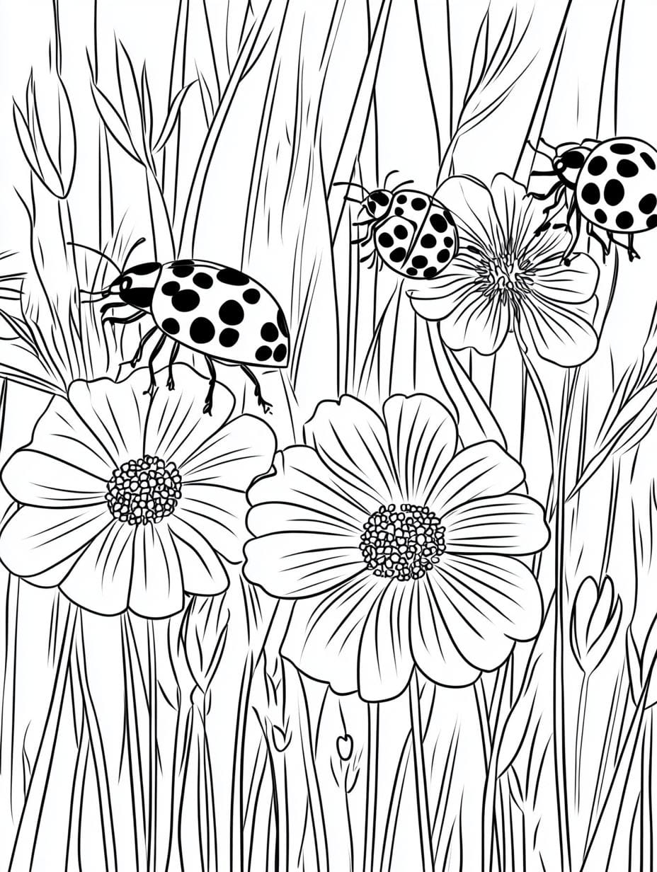 Ladybugs In A Field Of Flowers Coloring Pages