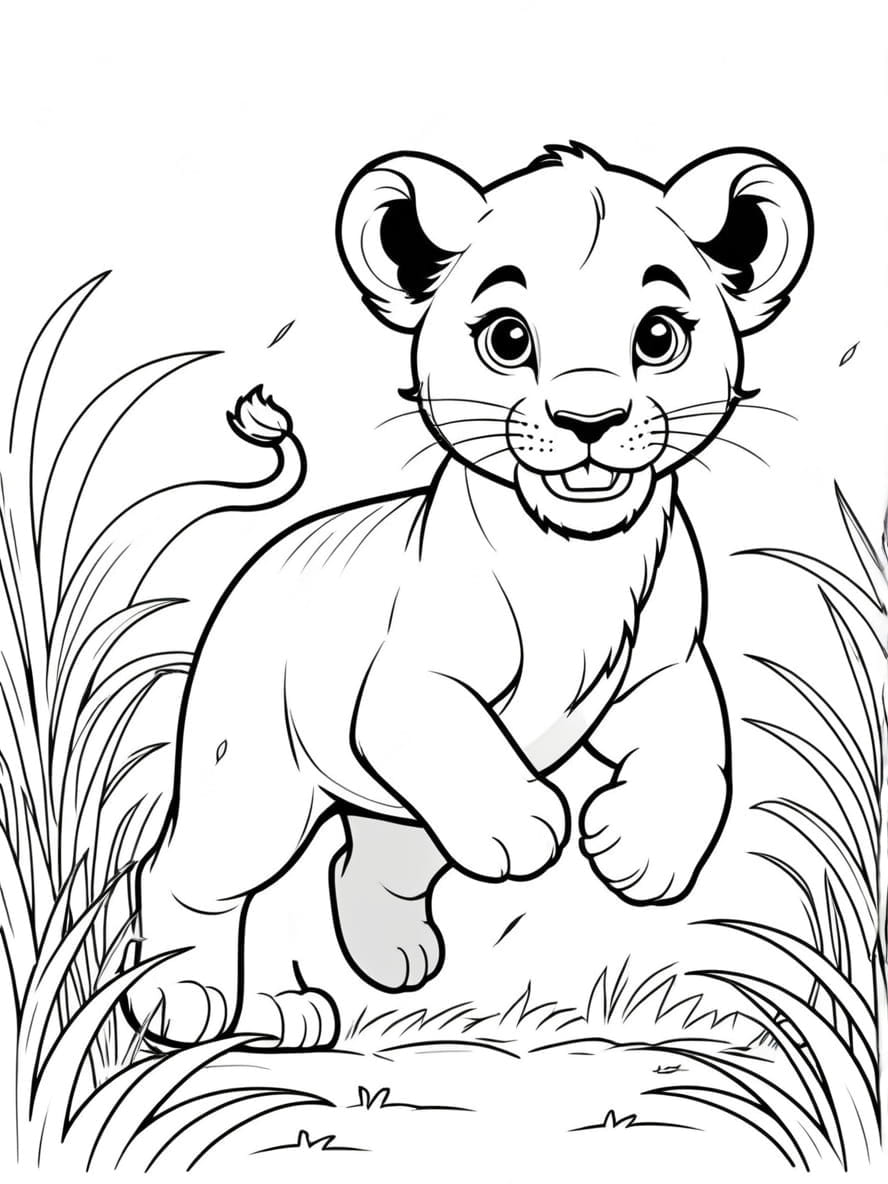 Lion Cub Running In Grass Coloring Pages For Kids