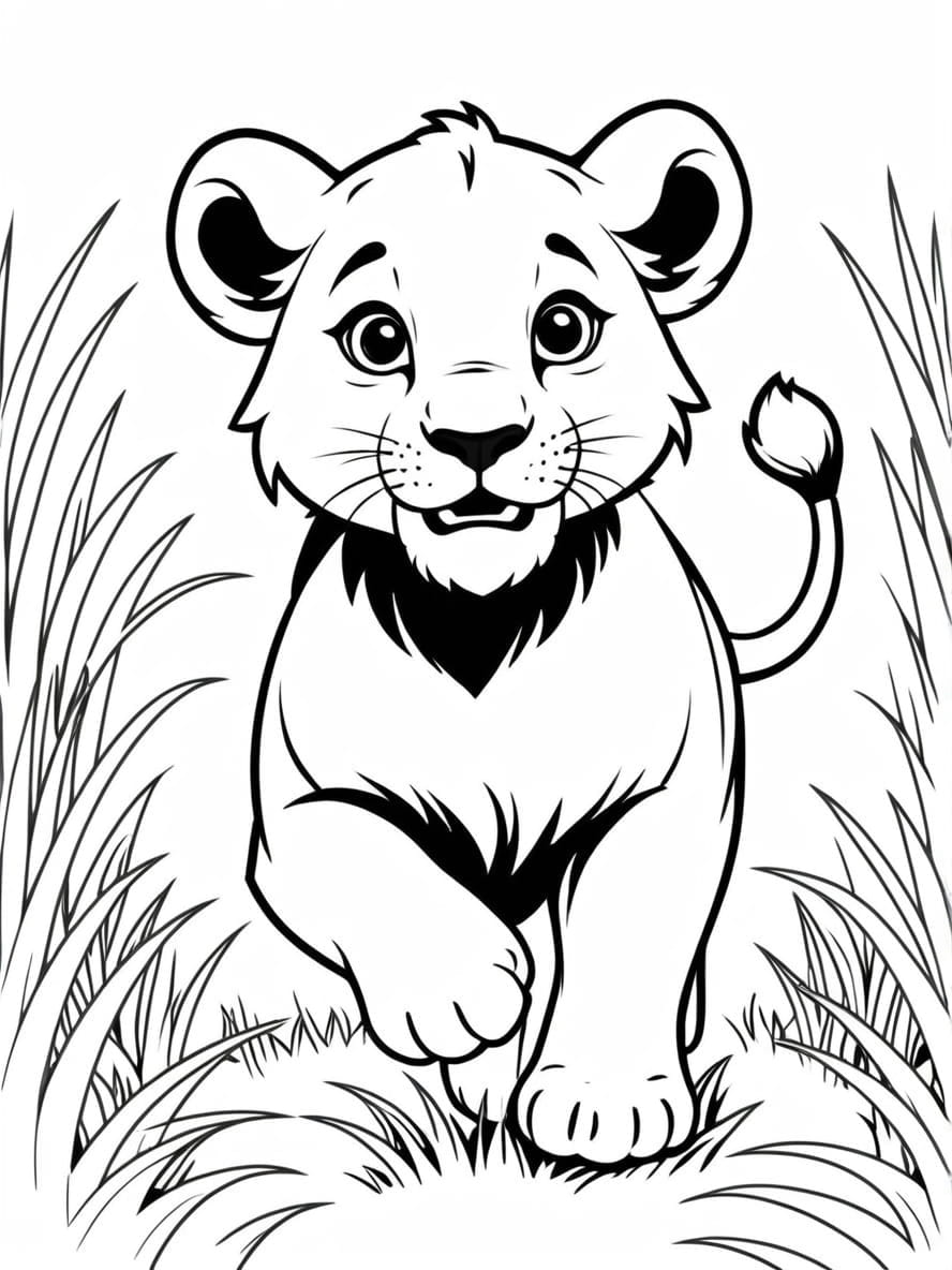 Lion Cub Running In Grass Coloring Pages For Preschoolers