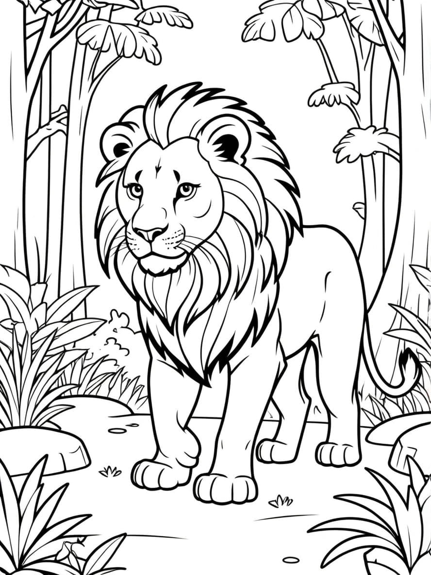 Lion Roaming In Forest Coloring Pages