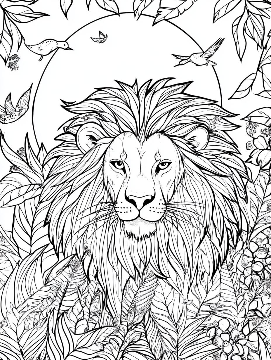 Lion With Birds Under The Sun In Jungle Coloring Pages