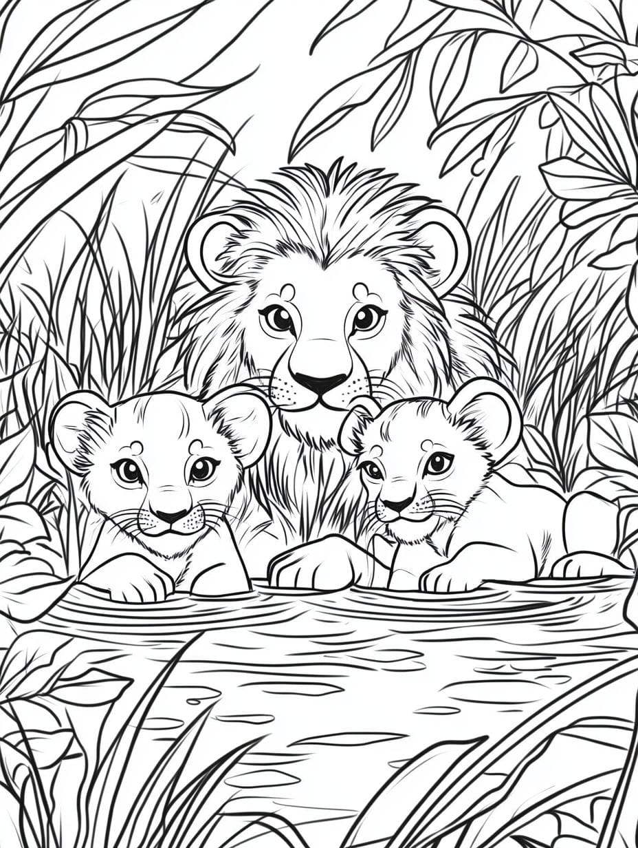 Lion With Two Cubs Playing In Jungle Coloring Pages