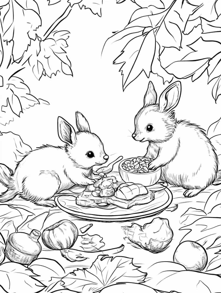 Little Animals Sharing A Thanksgiving Meal Coloring Pages