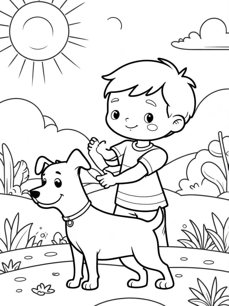 Little Boy Playing With Dog Under The Sun Coloring Pages