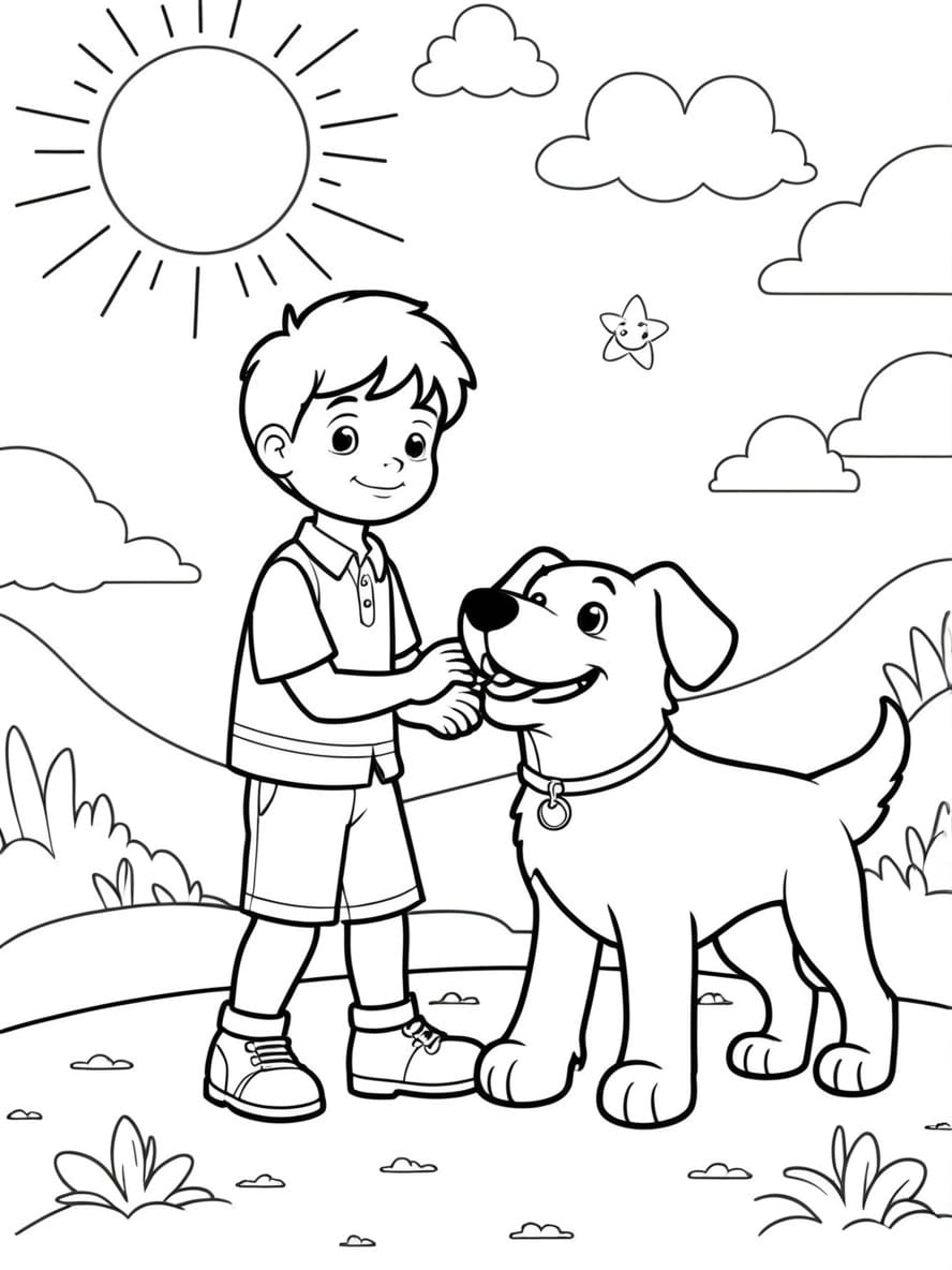 Little Boy Playing With Dog Under The Sun Coloring Sheets