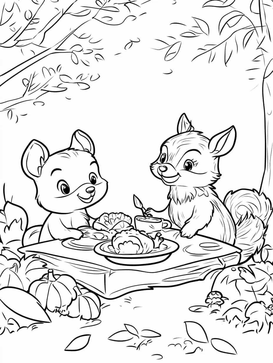 Little Cute Animals Sharing A Thanksgiving Meal Coloring Pages