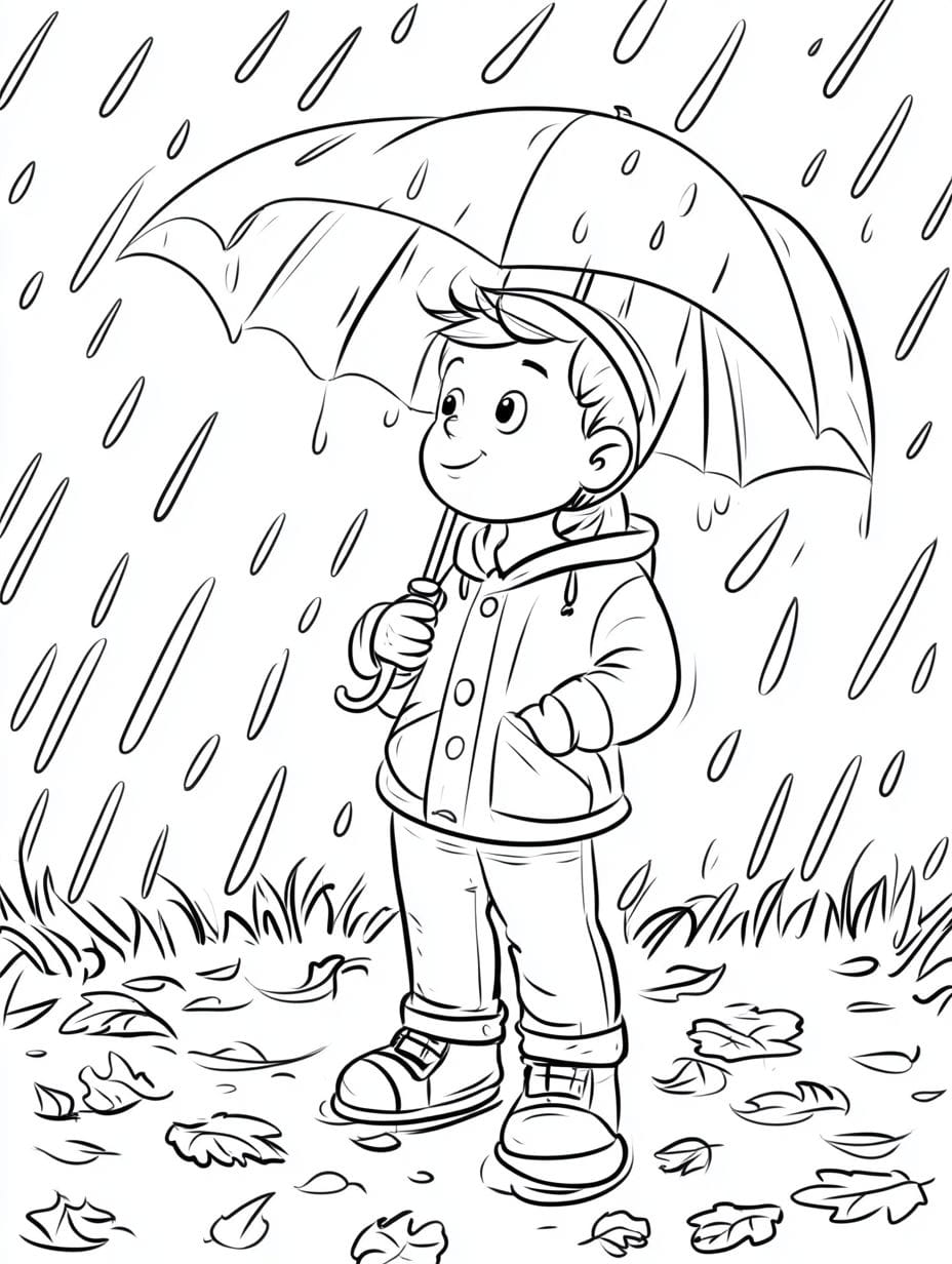 Lonely Boy Under Umbrella Coloring Pages