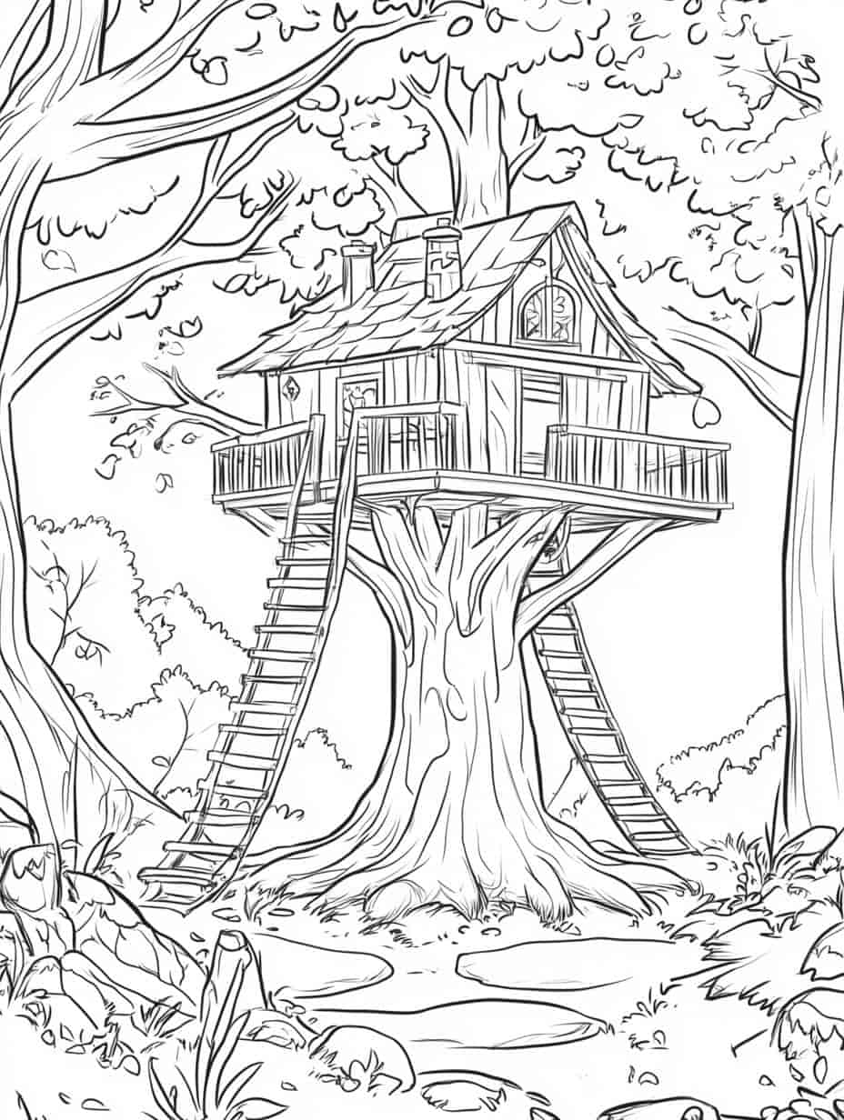 Magical Treehouse In The Forest Coloring Pages