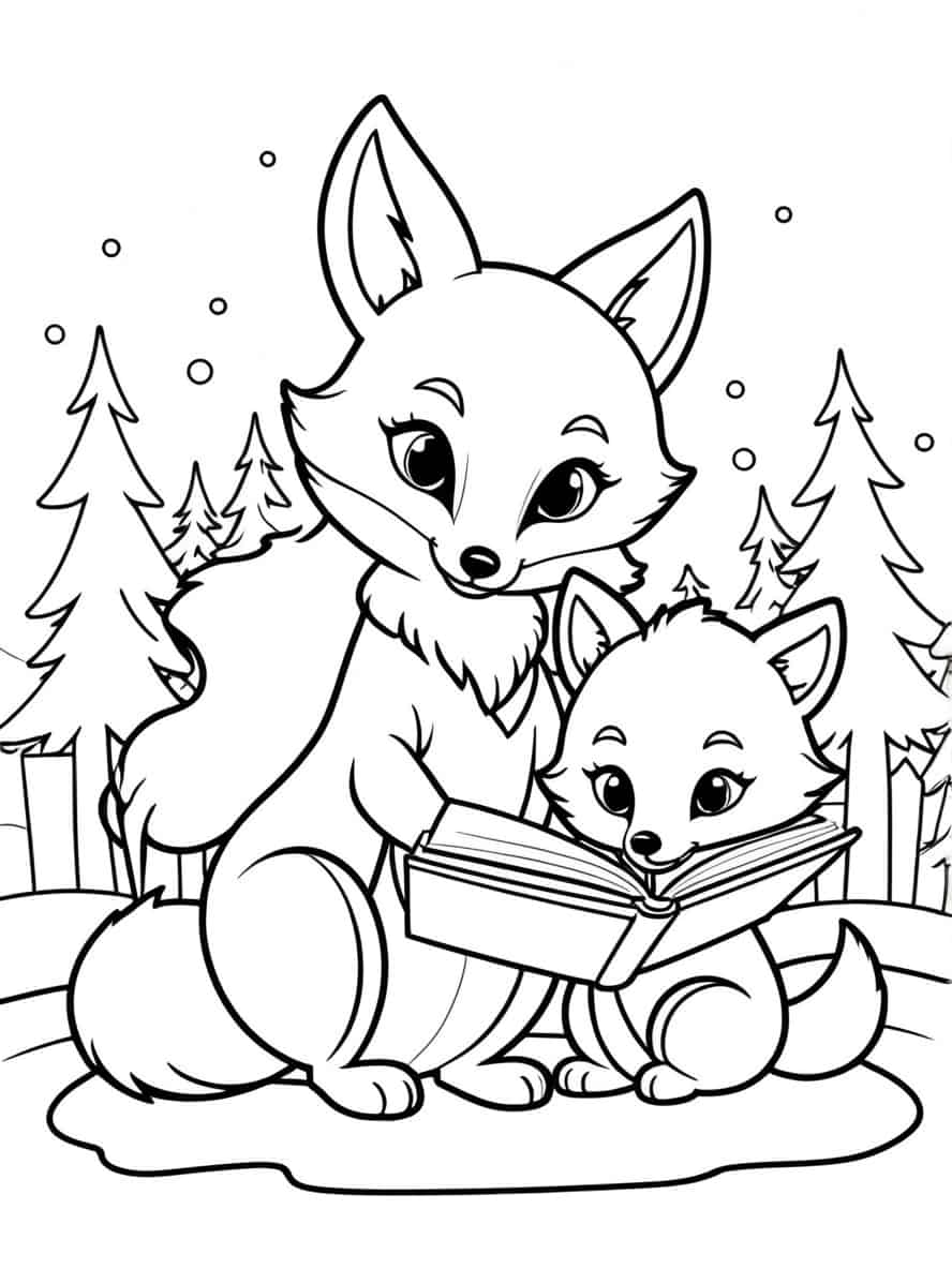 Mama Fox Reading To Baby Fox Coloring Pages